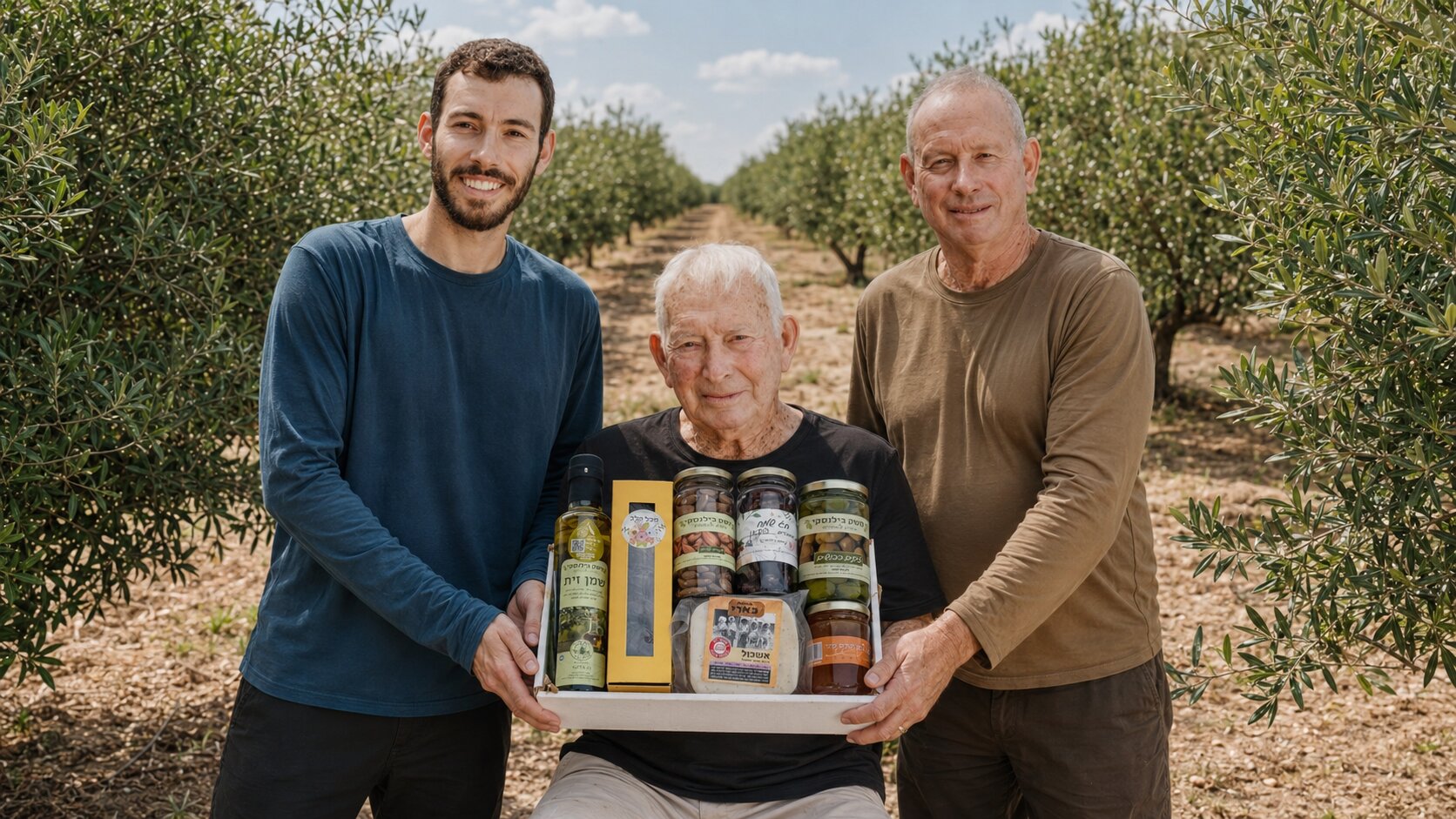 שלושה דורות של משפחת בילנסקי במטע, עם מארז שי